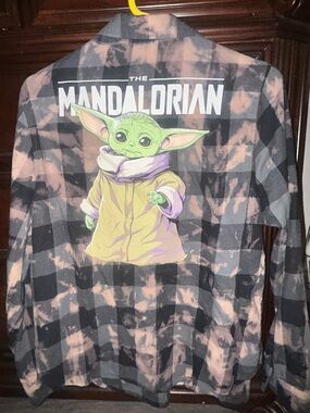 The Mandalorian Grogu Plaid Flannel Shirt - Black & bleached white style